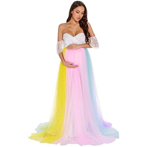 ZIUMUDY Rainbow Maternity Tulle Gown for Photo Shoot Maternity Tutu Dress Baby Shower Dress Wedding Bridesmaid Dress