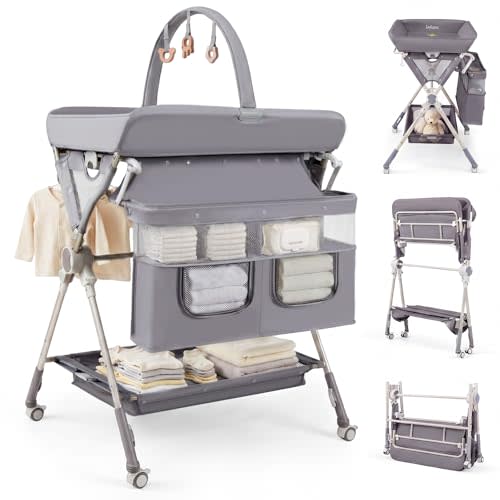 INFANS Portable Baby Changing Table with Wheels, Adjustable Height | Upgraded Folding Diaper Station with Storage Rack, Hanging Basket, Safety Belt, Large Nursery Organizer for Newborn Infant