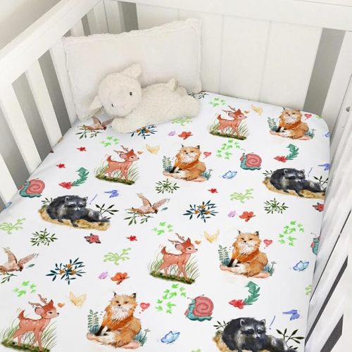 Watercolor Circus Animals Baby Crib Sheet 52''x28'' Cute Monkey Elephant Rabbit Pig Fitted Mattress Sheet for Boy Girl Nursery Bed Sheets for Standard Crib and Toddler Mattress