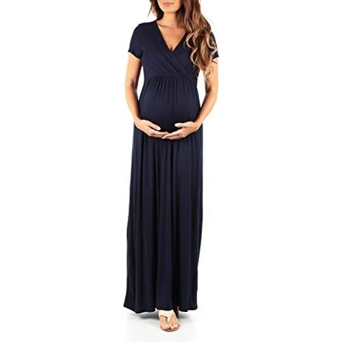 Mother Bee Maternity Short Sleeve Ruched Waist Faux Wrap Maxi Dress