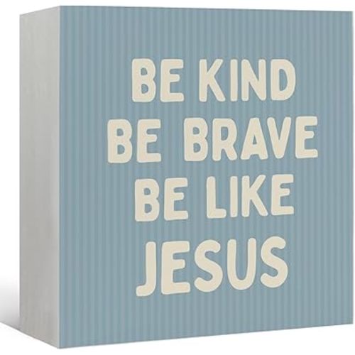 Christian Nursery Decor Wooden Box Sign, Be Kind Brave Be Like Jesus Wood Block Signs Decorations, Bible Verse Wood Box Signs for Kids Boys Room Bedroom Desk Shelf Tabletop Decor, 5x5 Inch