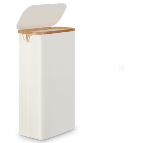 efluky Slim Laundry Basket with Lid, Tall Laundry Hamper with Removable Bag, Narrow Dirty Clothes Hamper with Bamboo Handles for Bathroom, Bedroom and Laundry Room, 63L Beige
