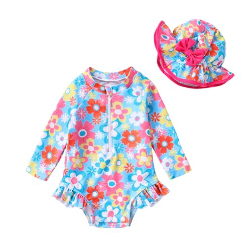 Infant Baby Girl Swimsuit One-Piece Long Sleeve Rash Guard with Hat Set Floral Zipper Bathing Suit Leopard Beach Wear