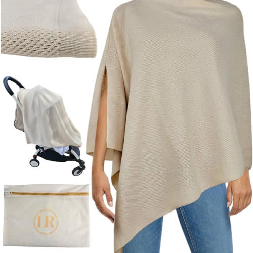 Little Rou Peekaboo Knit Breathable Nursing Cover Up For Breastfeeding - Soft Organic Cotton & Cashmere Breast Feeding Covers For Women - Privacy Feature - Includes Mesh Laundry Bag (Beige)