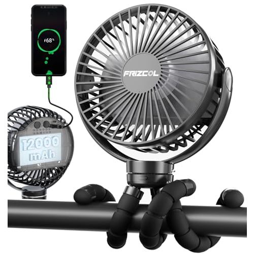 FRIZCOL Portable Stroller Fan, Use As Power Bank, 65H 12000mAh Battery Operated Fan Flexible Tripod Baby Car Seat Fans with Timming, Personal Mini Handheld/Desk/Small Clip On Fans For Stroller