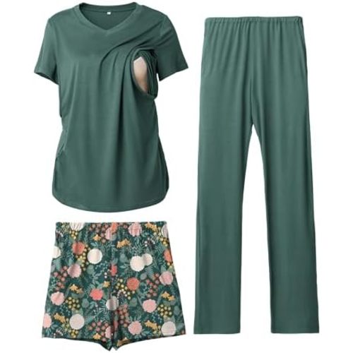 Rnxrbb 3 Piece Women's Maternity Nursing Pajamas Set V Neck Breastfeeding Pjs Sleepwear Postpartum Shorts&Pants Pockets