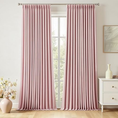 MIULEE 100% Blackout Pinch Pleated Pink Linen Curtains for Bedroom, Room Darkening Memory Trained Light Blocking Window Curtains 84 inches Long for Living Room, Black Out Pleat Drapes, 2 Panels