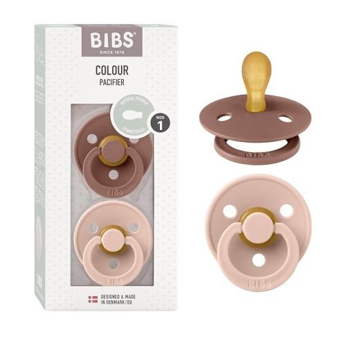BIBS Pacifiers 0-6 Months | Set of 2 Colour Pacifier with Symmetrical Nipples | BPA-Free Natural Rubber | Made in Denmark | Woodchuck/Blush, 0-6 Months