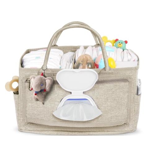 Volnamal Diaper Caddy with Wipe Dispenser One-Handed Access, Beige | Premium Diaper Organizer, Portable Car Organizer Nursery Basket for Newborn Essentials, Registry Must Haves for Boys & Girls