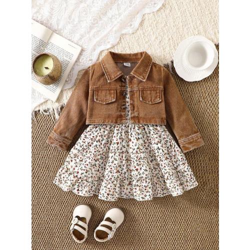 SHEIN Baby Girl Ditsy Floral Camisole Dress & Denim Jacket Set | SHEIN USA