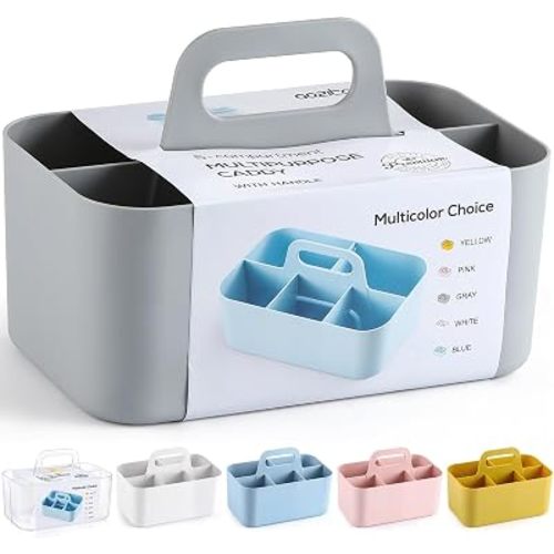 Multiuse Caddy Organizer with Handle, Portable Divided Plastic Tote Bin - Art Craft, Stationary Pen Marker Crayons, Makeup Hair Supplies Storage - Bathroom, Classroom, Dorm, Office, Desk Holder - Grey