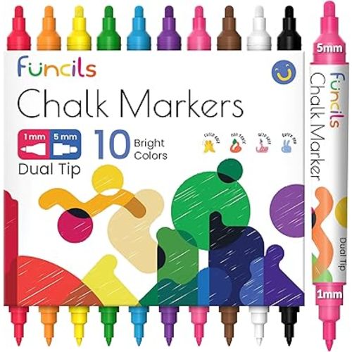 10 Dual Tip Chalk Markers for Blackboard, Chalkboards (1mm+5mm Fine, Bold)