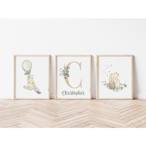 Personalized Winnie the Pooh Nursery Wall Art – Classic Pooh Prints with Baby Name, Soft Greenery Baby Boy Decor, Gender Neutral Art 606