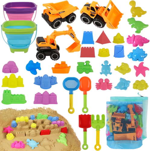 KiddiTouch Sand Toys, 35Pcs Beach Toys, Sandbox Toys with 3 Truck 2 Collapsible Beach Bucket, Sand Castle Toys Kit, Animal Dinosaur Molds, Shovel Set, 2 Mesh Bag, Summer Toys for Kids Toddlers Boys G