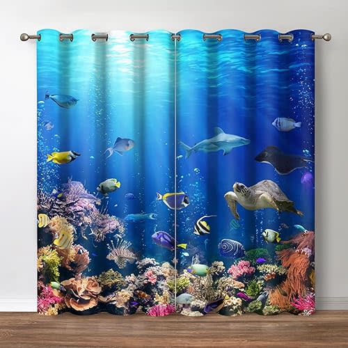 Jekeno Ocean Animal Blackout Curtains Underwater World Sea Turtle Shark Coral Fish Landscape Print Decor Bedroom Living Room Darkening Grommet Window Drapes 2 Panel Set,Blue 52"x 84"