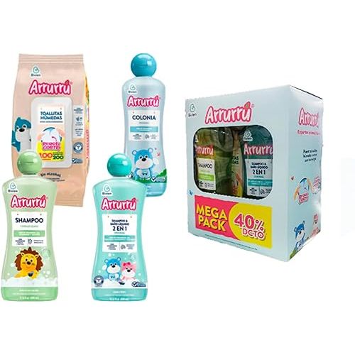 Arrurru Mega Pack Colonia Original 400 ml - Shampoo Cabello Claro 400 ml - Shammpoo y Baño Líquido 2 en 1 400 ml - Toallitas Húmedas Avena & Karite 120
