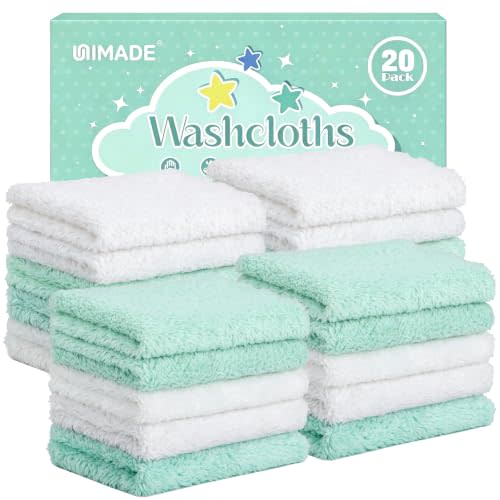 UNIMADE Baby Washcloths, Microfiber Coral Fleece Wash Cloths | 20 Pack Absorbent Baby Towels for Newborns, Infants and Toddlers, Gentle on Sensitive Skin for Face - 7" × 9", White&Green