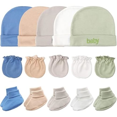 Newborn Baby Hats Mittens and Socks Set Cotton Infant Beanie Cap Socks Mittens for Newborn Baby Boy Girl 0-6 Month
