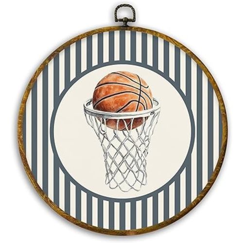 CUANFDDSF Vintage Basketball Boy Nursery Round Wall Art, Sports Framed Hanging Wall Decor, Blue Striped Basketball Hoop Canvas Prints Decorations for Kids Boys Nursery Room Playroom, 10x10 Inch