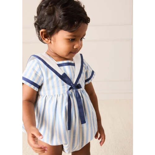 Regency Stripe Mariner Collar Bow Detail Romper in Blue
