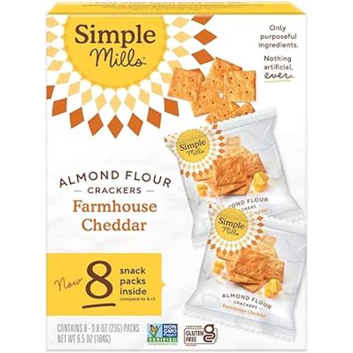 Simple Mills Almond Flour Crackers Snack Packs, Farmhouse Cheddar, Gluten Free, Flax Seed, Sunflower Seeds, Corn Free, Good for Snacks, 6.5 oz, Pack of 1 (8 Bags per Box)