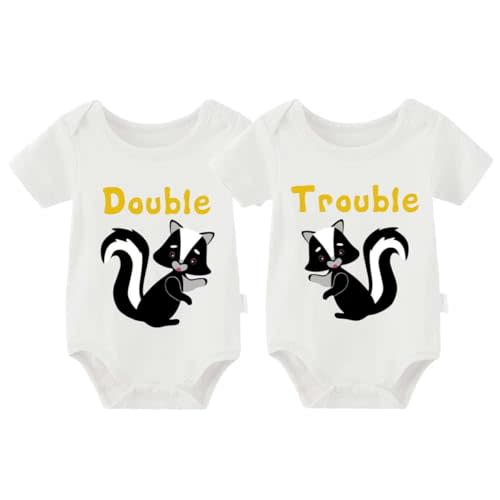 YSCULBUTOL 2 Pack Baby Twins Bodysuits Double Trouble Cute Skunk Infant Short Sleeve Romper Twin Unisex Outfits 0-12M