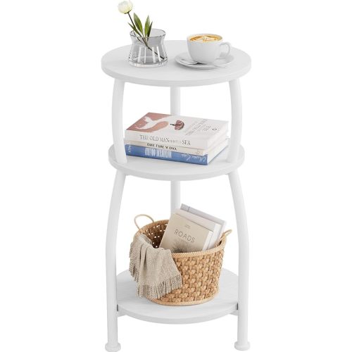 Small Round Side Table, 3-Tier End Table with Storage Shelf, Slim Sofa Table Coffee Table, Sturdy & Easy Assemble Nightstand for Small Spaces, Living Room Bedroom Corner, White