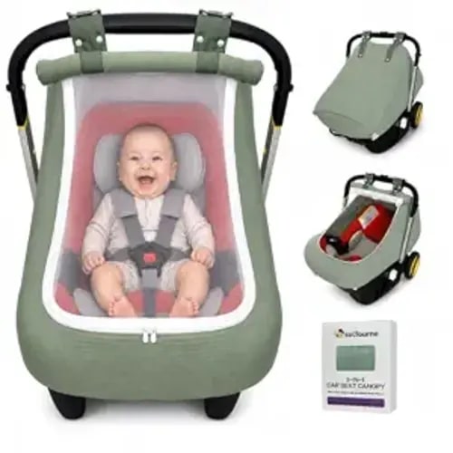 Breathable Muslin Mesh Baby Car Seat Canopy - Premium Oxford Cloth Hanging Ears with Adjustable Snaps, Full-Seal Protection, 3 Ventilation Modes, Easy Zipper Access