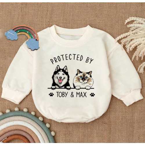 Custom Pet Romper Sweatshirt, Personalized Dog and Cat Gift, Baby Protected by Pets Outfit, Cute Animal Print Baby Clothes,Pet Lover Apparel
