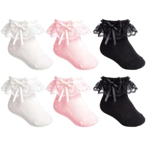 6 Pairs White Baby Girl Ruffle Socks with Ribbon Bow Cotton Eyelet Ankle Lace Fancy Dress Socks Infant Toddler Girls