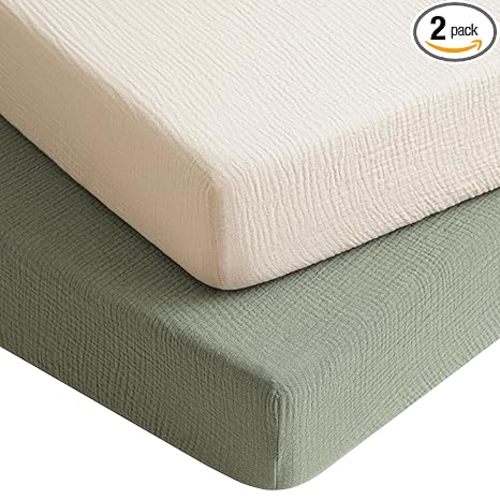 Konssy Muslin Crib Sheets for Boys, Soft Cotton Neutral Baby Sheets for Standard Crib Mattress 2 Pack, 52"x28" (Fog Green,Cream)
