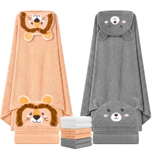 8 PCS Toddler Towels Set for Baby Kids Bath Essentials, Lion & Bear | 2 Baby Towels & 6 Washcloths, Large Size 59"x31.5", Ultra Soft, Thick and Absorbent, Cute Animal Hooded, Boys Girls 0-5 Years