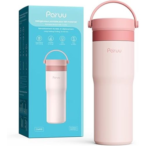 Paruu Portable Breast Milk Cooler, 304 Stainless Steel Breastmilk Chiller for 14–23H Cooling, 10-24oz Breastmilk Storage Container for Travel, Outdoor, New Moms Breastfeeding Essentials, Pink