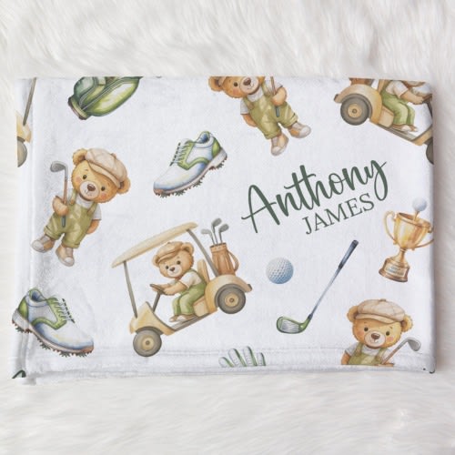 Personalized Golf Swaddle Blanket For Baby Shower, Custom Teddy Bear Newborn Baby Boy Gift, Gol Toddler Name Blanket, Coming Home Outfit