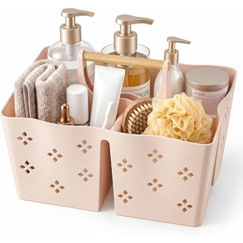 GVY Portable Plastic Shower Caddy, Large Capacity Shower Basket with Handle, Divided Bathroom Toiletry Organizer, Quick-Drain Shower Caddy for College Dorm Beach Kitchen Essentials, Cream