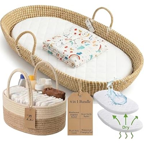 Baby Changing Basket Set, 100% Natural Seagrass Artisan Crafted