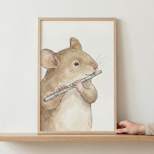 Flutist Mouse Wall Art, woodland nursery decor, whimsical animal illustration, cottagecore mouse print, flute player nursery art