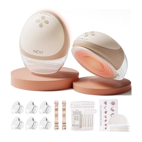 NCVI Heated Hands Free Breast Pump, 360° Warm Wearable Breastfeeding Pump, -300 mmHg Hospital-Grade Suction, 2000mAh Long Battery, 4 Modes & 9 Levels, Leakproof Design, Slim & Quiet, 19–28mm Flanges