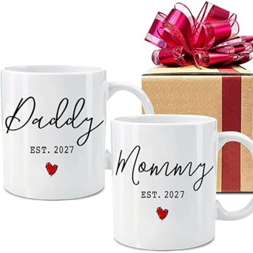 Dnuiyses EST 2027 New Daddy & Mommy Coffee Mugs Set, First Time Mommy Gifts, First Time Daddy Gift, Prospective Parents Mugs Gifts, New Parents Gift, Pregnancy Announcement, Baby Reveal Mug