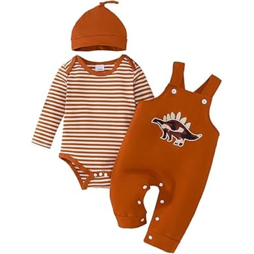 Baby Boy Clothes Fall Winter Outfits Infant Long Sleeve Striped Romper Cartoon Suspender Overalls 3 Pcs 0-18 Months