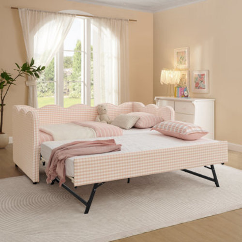 Latitude Run® Helin Preppy Style Linen Upholstered Daybed with Trundle, USB Port & Wave-Shaped Back | Wayfair
