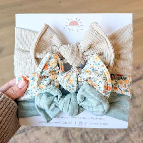 Spring Baby / Newborn Headbands, Oversized Bow or Top Knot (Beige, Blue Vintage Floral, Aqua)