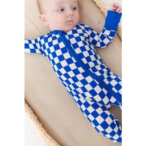 Blue & White Checkerboard Bamboo Zip Pajama