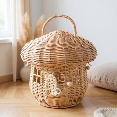 Mushroom House Rattan Basket | Wicker Storage Organizer with Lid | Kids Room Decor | Nursery Toy Storage Box | Woodland Fairycore Decor
