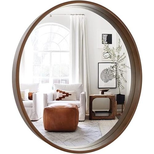 WallBeyond Circle Mirror with Wood Frame, 28" Round Modern Decoration Large Home Decor Mirror for Bathroom Living Room Bedroom Entryway (28" Diameter, Walnut)