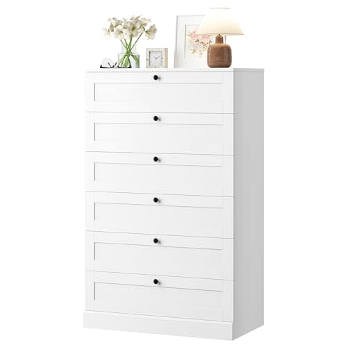 HOSTACK White 6 Drawer Dresser for Bedroom, 52" Tall Dresser & Chest of Drawers, 29" W Wood Drawer Chest, Modern Vertical Storage Cabinet for Living Room, Entryway, Hallway