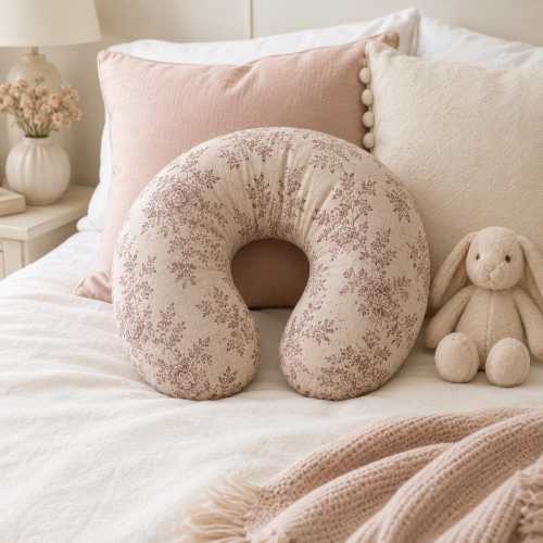 Vintage Floral Nursing Pillow Cover Neutral Pink Toile Pattern U Shape Support Baby Feeding Slipcover Newborn Nursery Shower Gift Mom