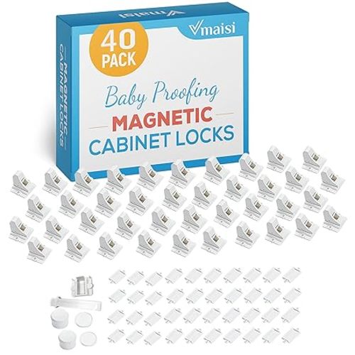 Vmaisi Adhesive Magnetic Locks for Cabinets & Drawers (40 Locks and 4 Keys)