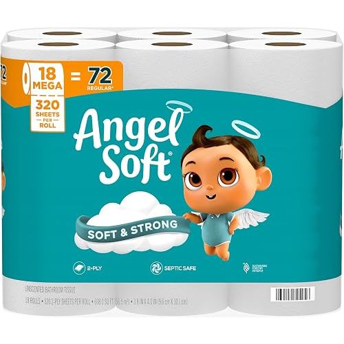Angel Soft Toilet Paper, 18 Mega Rolls = 72 Regular Rolls, Soft and Strong Toilet Tissue