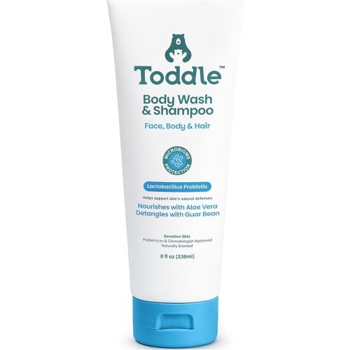 Toddle 3-in-1 Probiotic Baby Shampoo and Body Wash, Plant-Based Kids’ and Toddler Body Wash for Sensitive Skin with Aloe and Lactic Acid, Fragrance-Free, Pediatrician Tested, 8 oz
